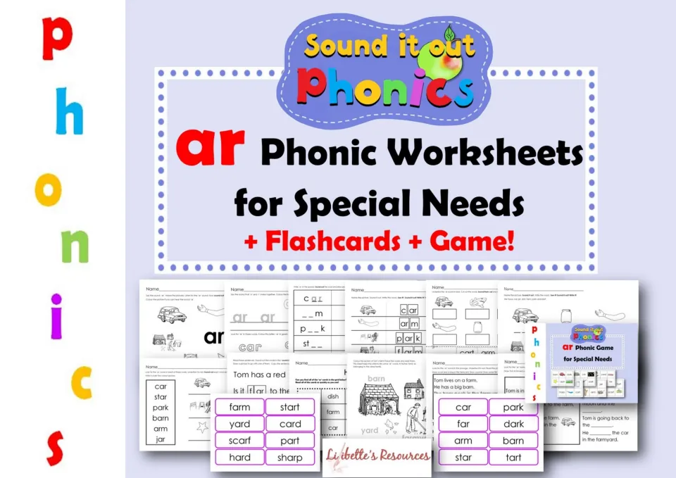 AR phonics pack cover introducing worksheets for special needs, flashcards, and a game, with activity samples