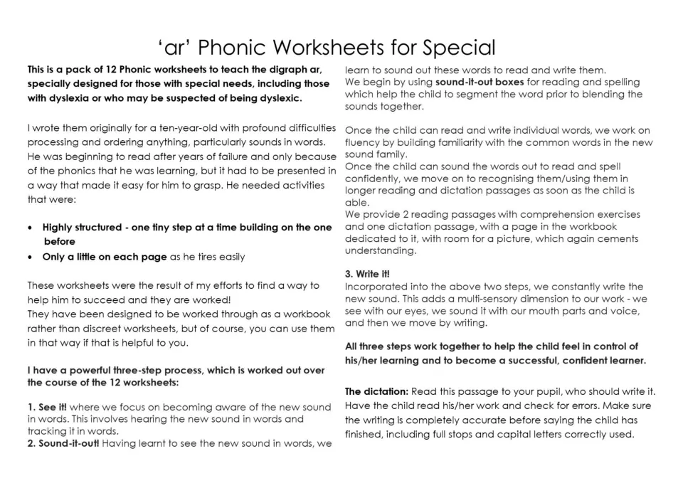 Teacher guidance for the 12 AR worksheets explains the See it, Sound-it-out, and Write it teaching steps