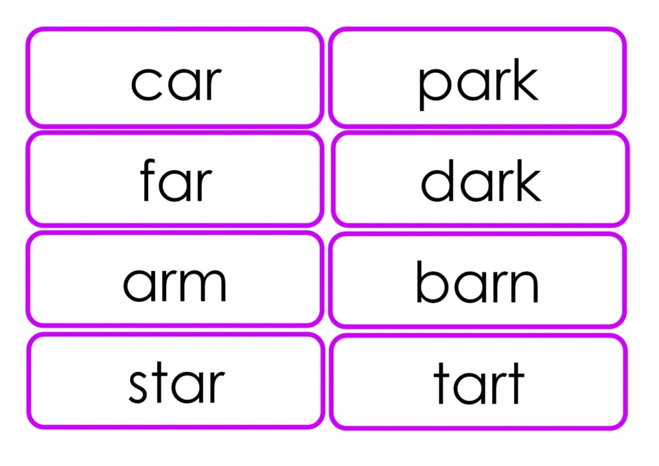 AR word flashcards 1–8 of 16 for phonics practice: car, park, far, dark, arm, barn, star, and tart