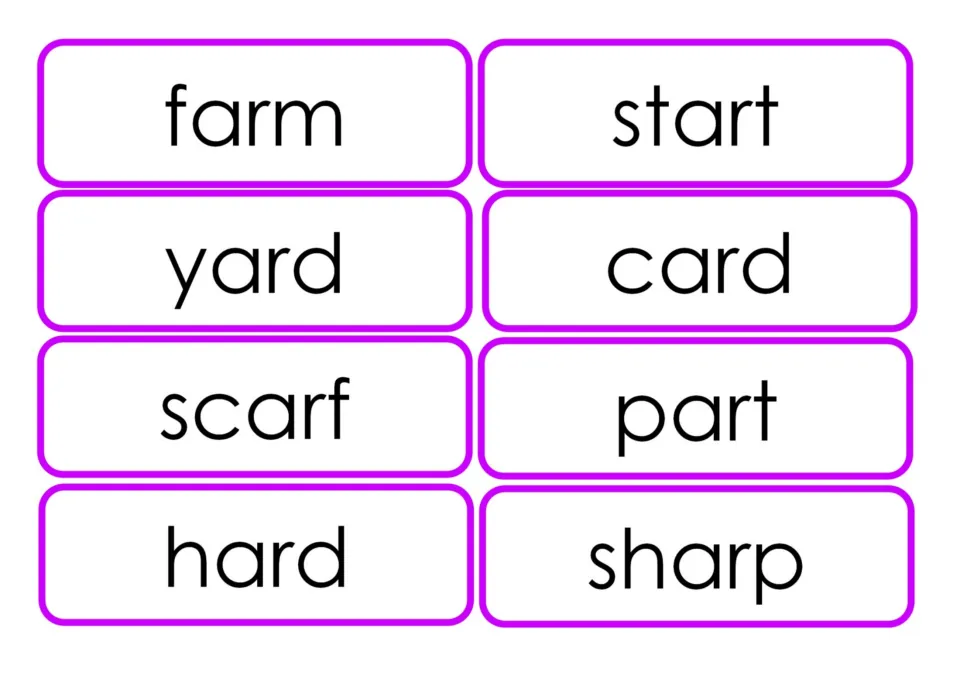 AR word flashcards 9–16 of 16 for phonics practice: farm, start, yard, card, scarf, part, hard, and sharp