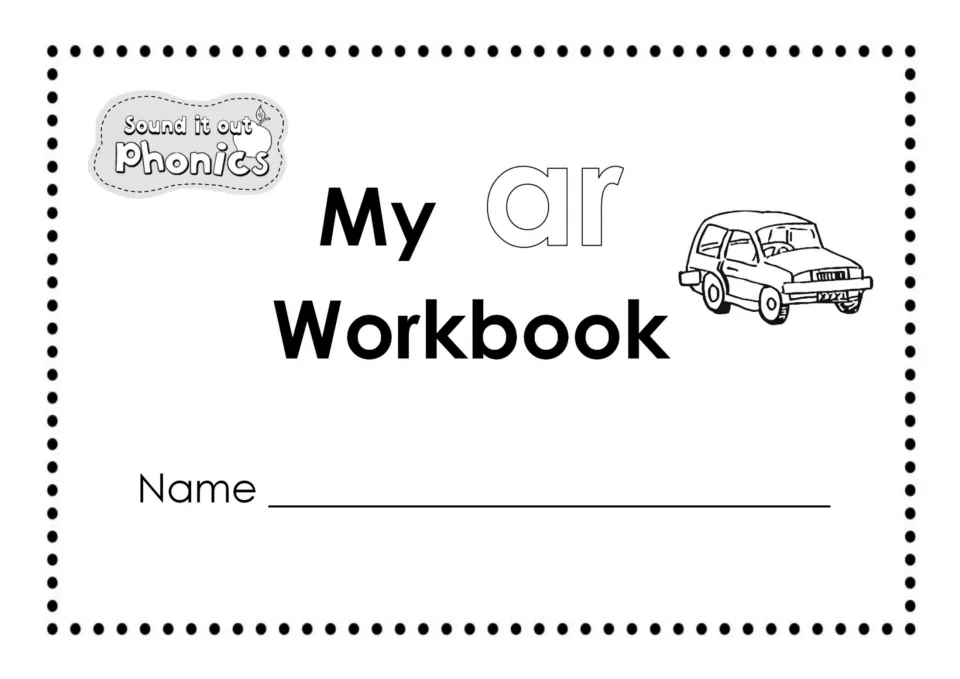 Student workbook cover titled My ar Workbook, with a car illustrating the AR sound and a place for a name