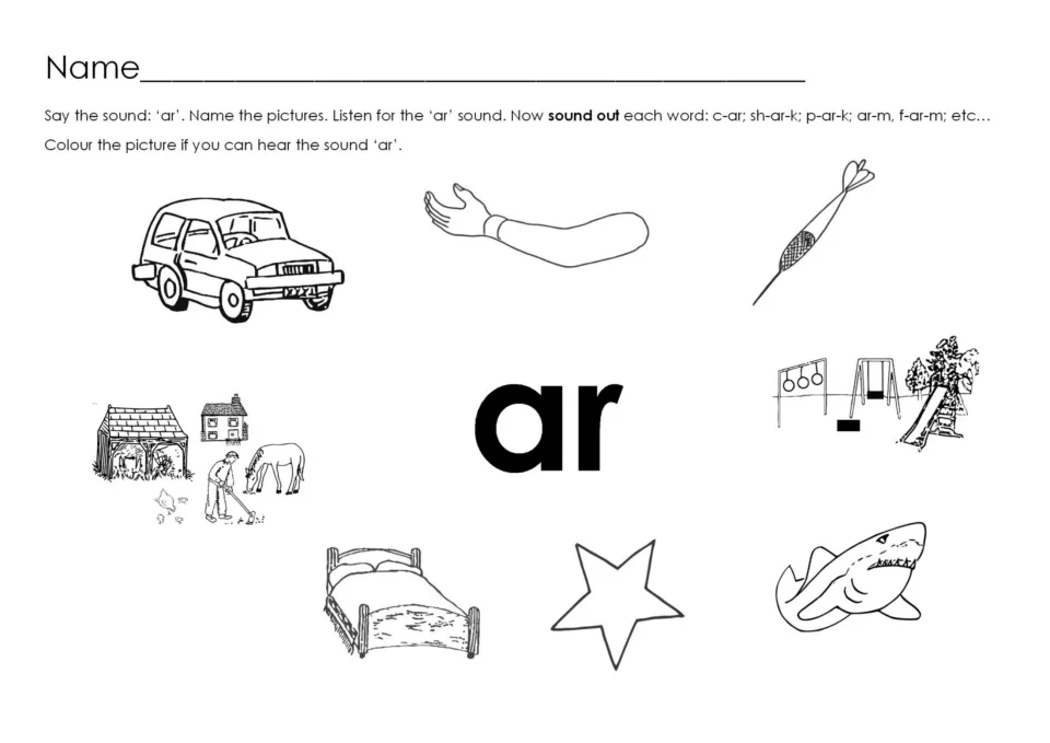 AR sound identification activity asks students to name pictures and color those whose names contain AR