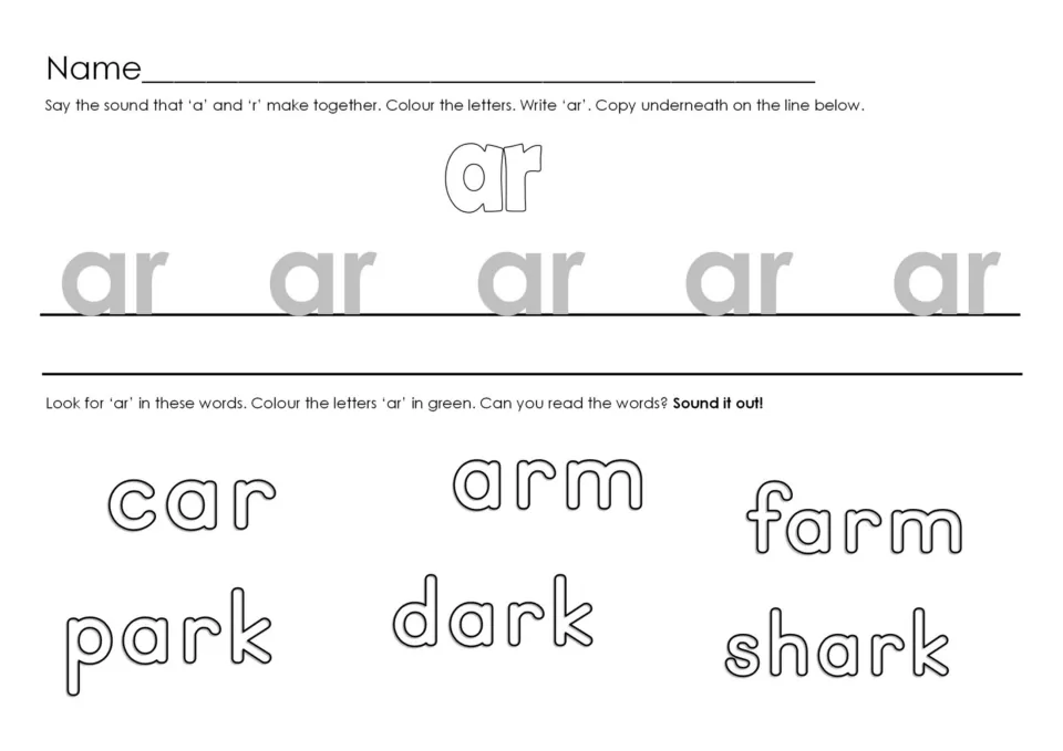 AR handwriting and word recognition practice uses car, arm, farm, park, dark, and shark to find and color AR