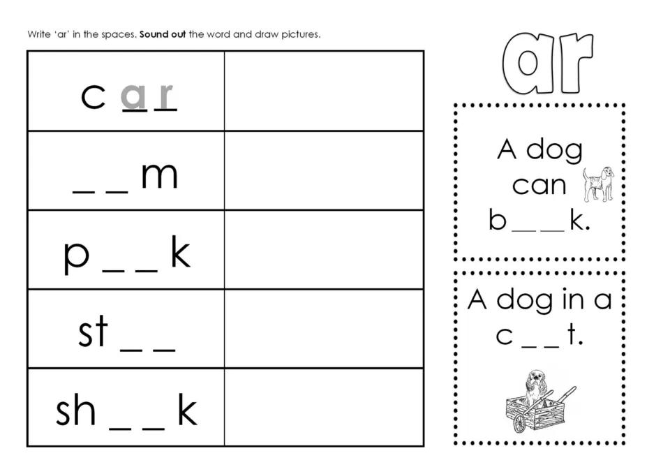 AR completion activity asks students to finish car, arm, park, star, and shark, draw pictures, and finish sentences