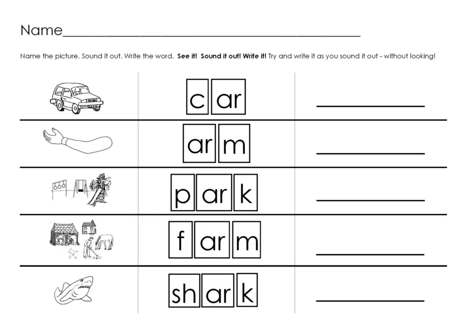AR reading and spelling activity pairs car, arm, park, farm, and shark pictures with words split into sounds