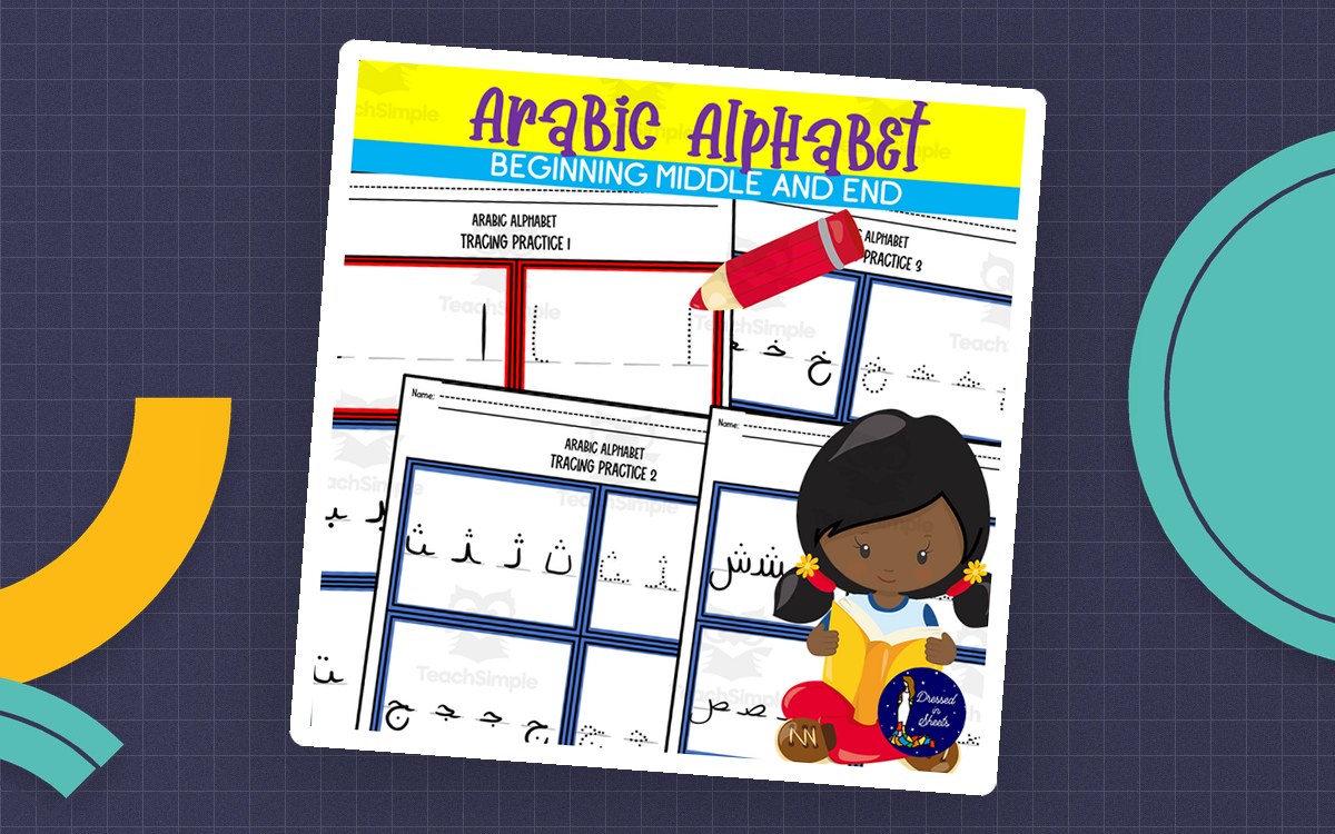 Arabic Alphabet Beginning Middle and End cover with tracing-page thumbnails, a pencil, and a child illustration.