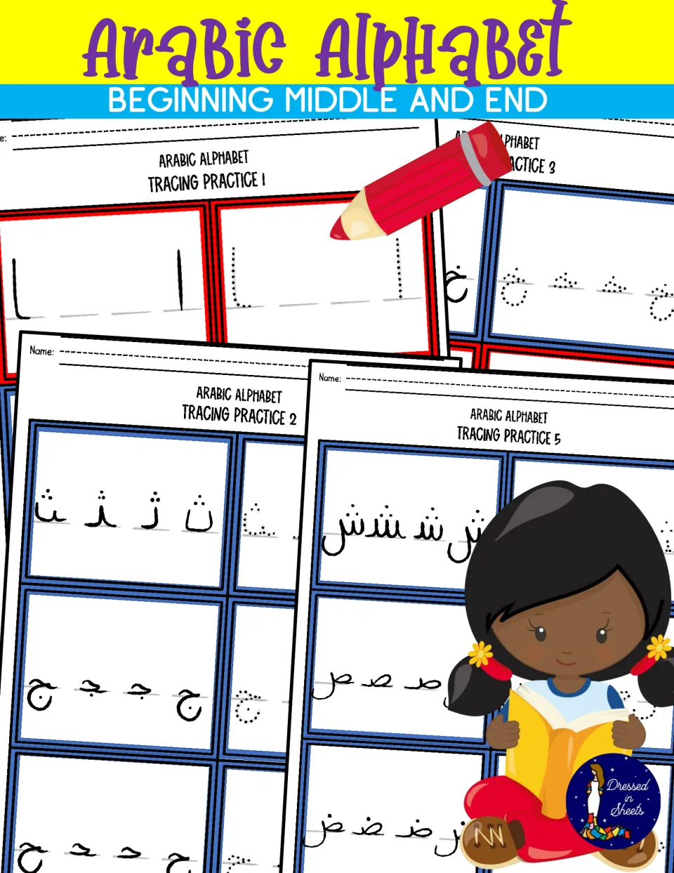 Arabic Alphabet Beginning Middle and End cover: tracing practice sheets of letter forms and a girl reading a book
