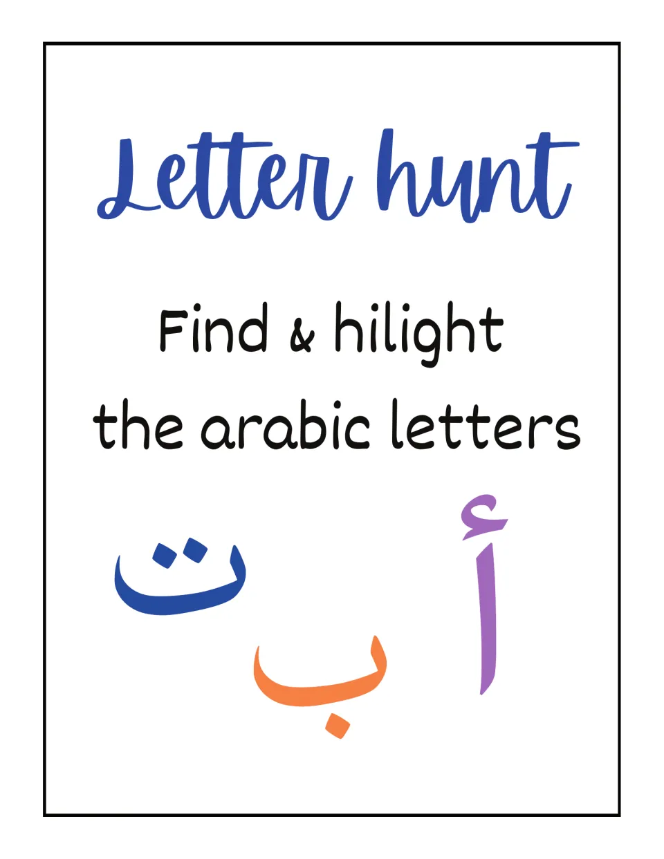 Cover of the Arabic letter hunt set: 'Letter hunt' and instructions to find and highlight Arabic letters.