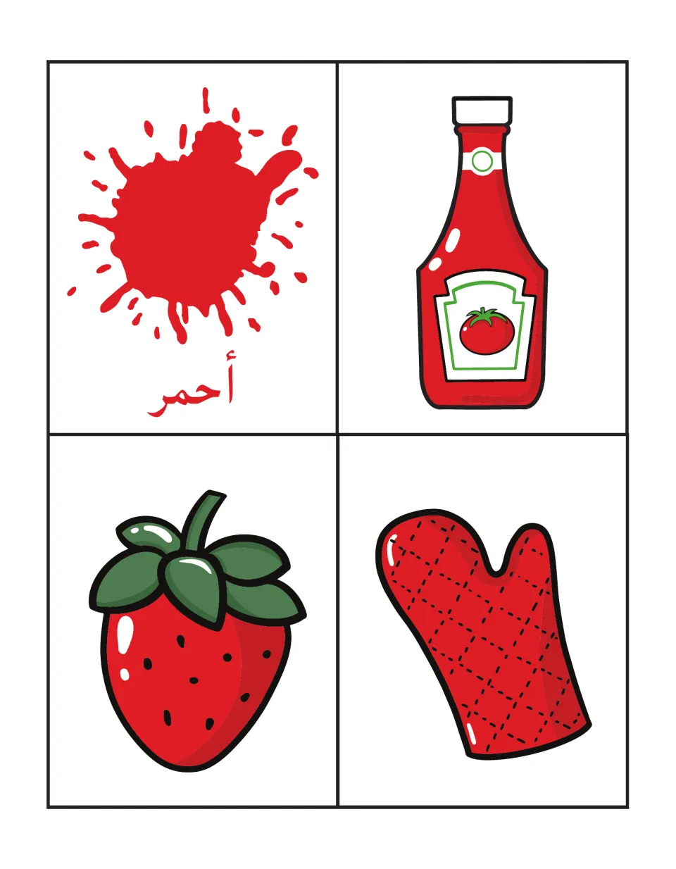 Red, أحمر: students match a red splash card labeled with the Arabic word to a ketchup bottle, strawberry and oven mitt
