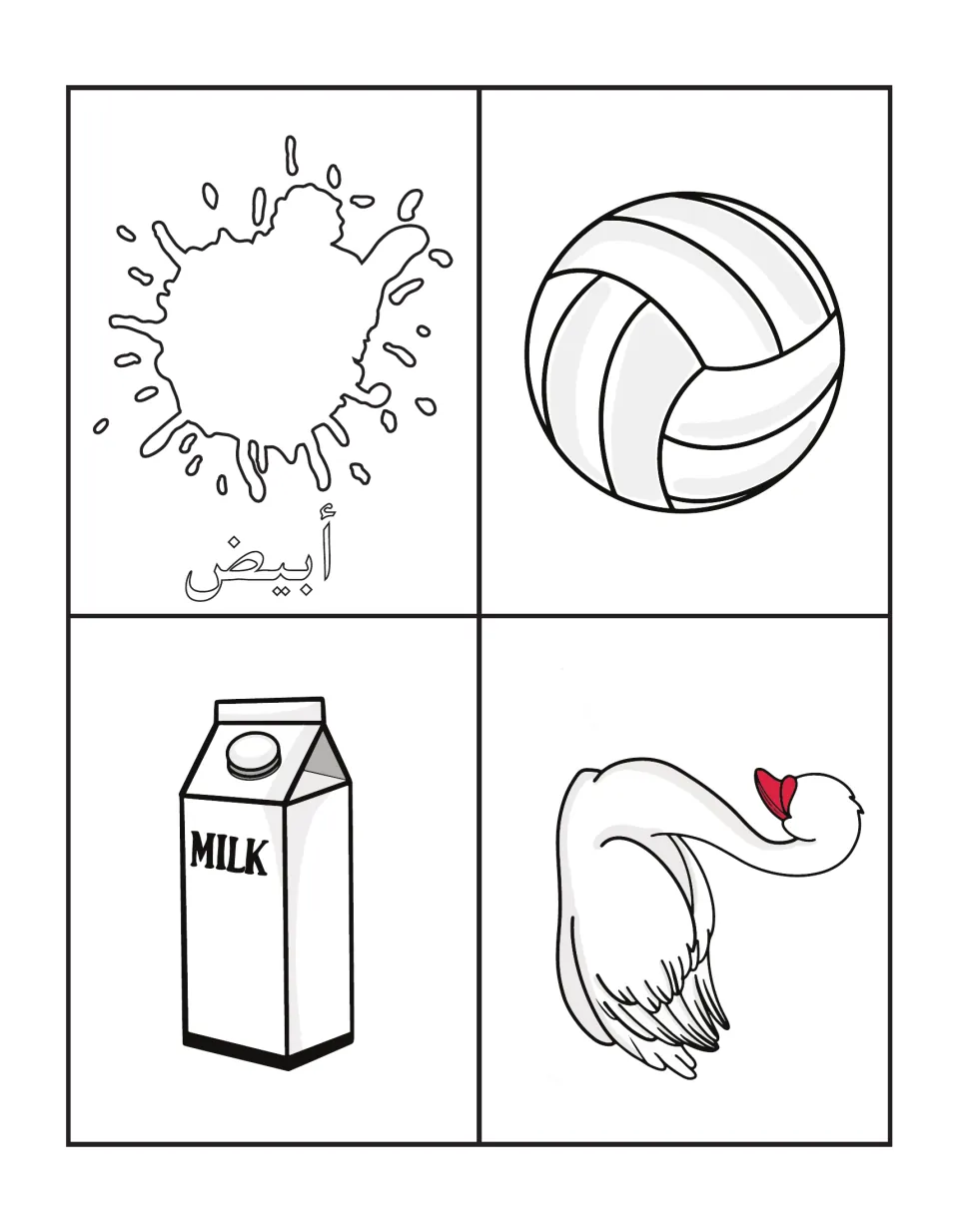 White, أبيض: an outlined white splash card bearing the Arabic word, to pair with a volleyball, a milk carton and a swan