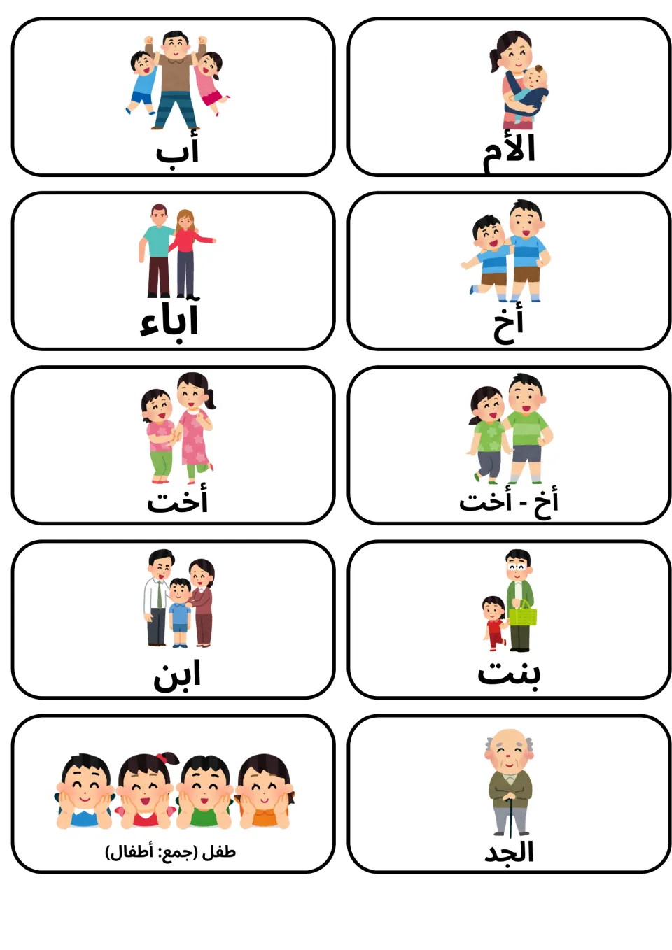 Arabic family words: 10 picture flashcards for father, mother, parents, brother, sister, son, daughter and grandfather