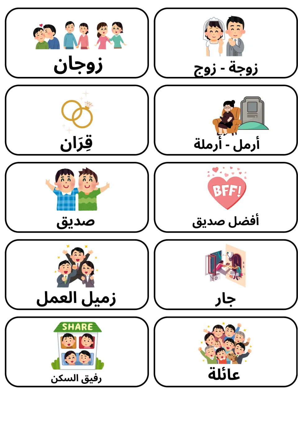 Arabic relationship words: picture cards for couple, marriage, widow, friend, best friend, coworker, neighbor and family