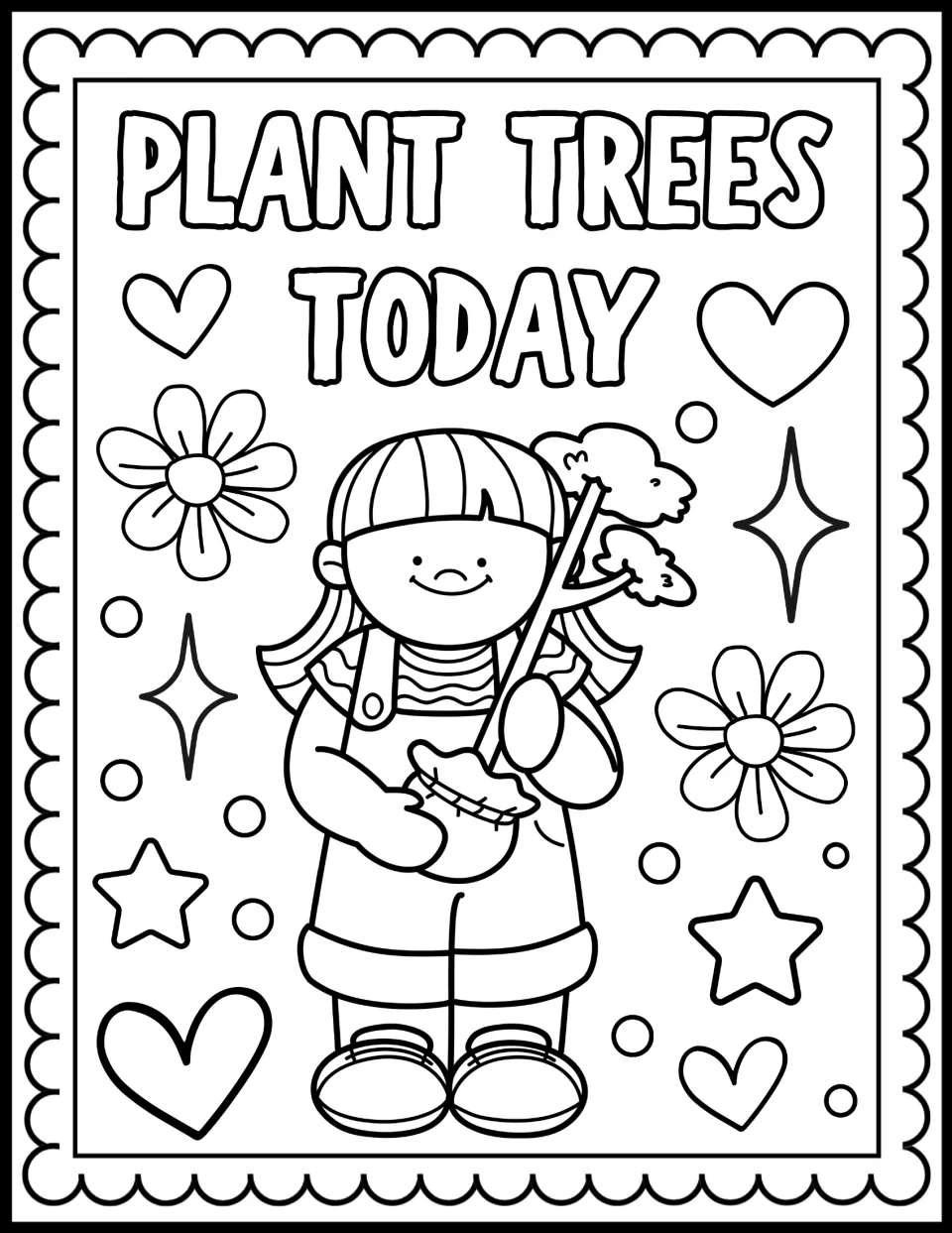 Plant Trees Today coloring page: students color a smiling girl in overalls holding a potted sapling among flowers and hearts