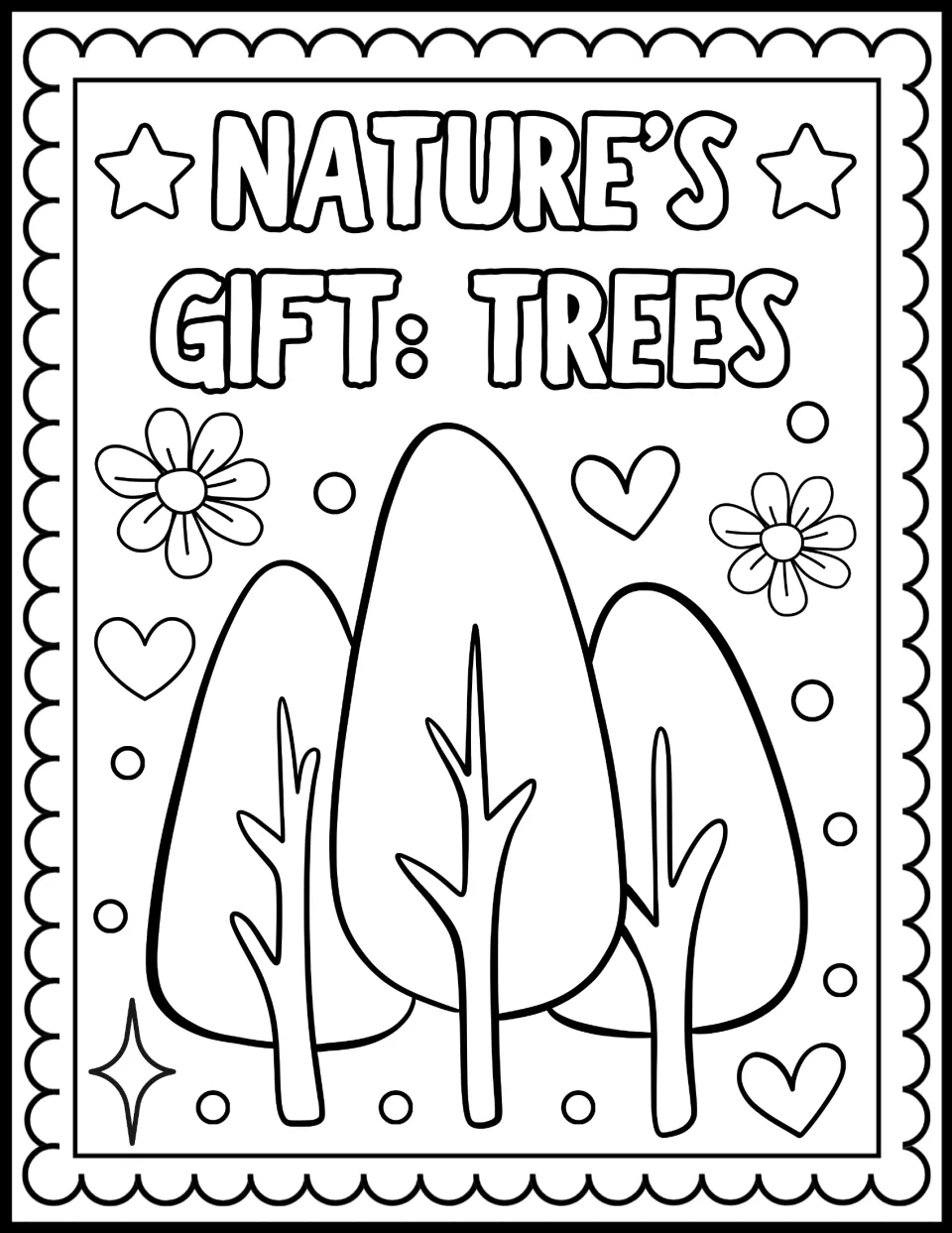 Nature's Gift: Trees coloring page: students color three tall rounded trees surrounded by daisies, hearts and sparkles