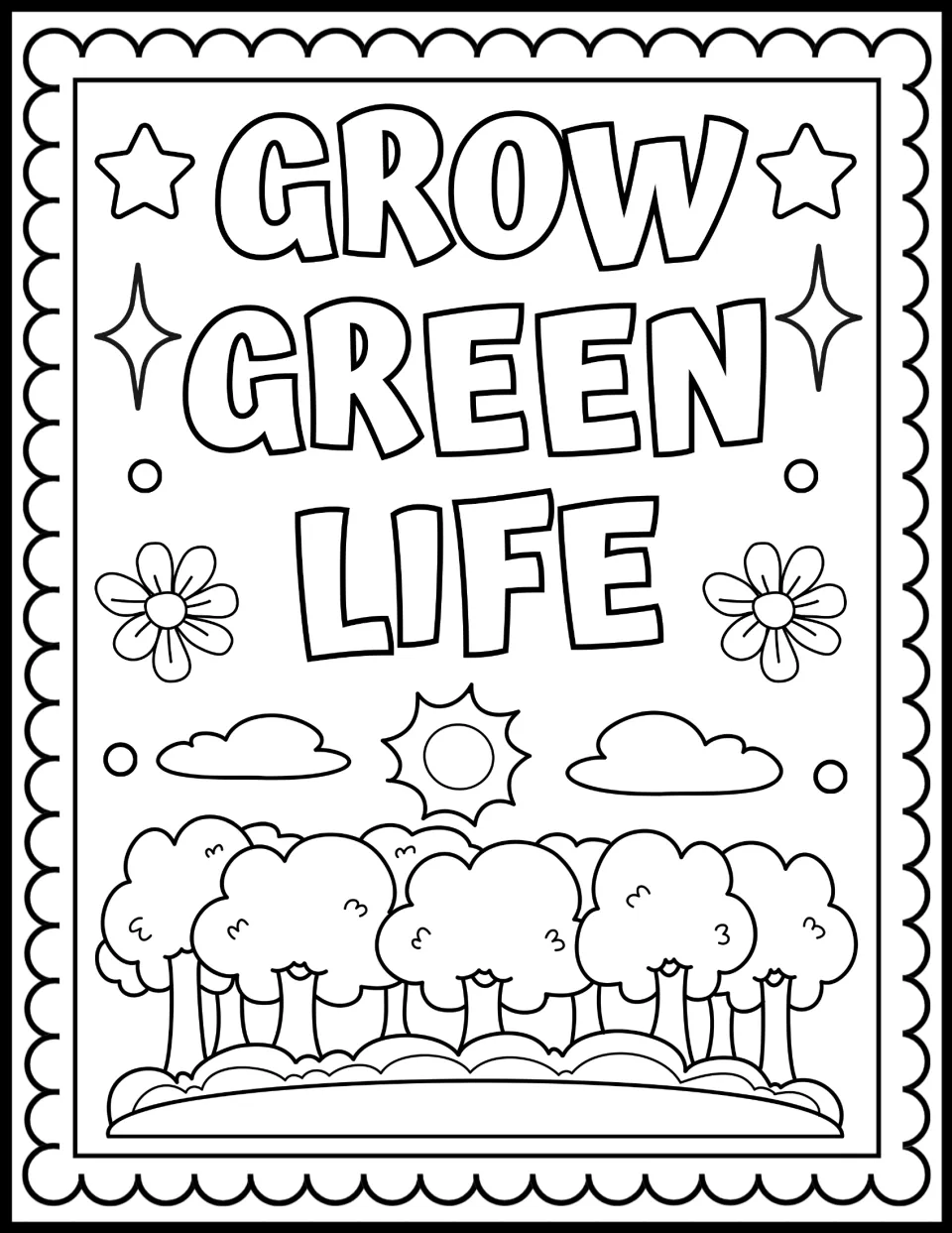 Grow Green Life coloring page: students color bubble letters above a sun, two clouds and a row of leafy trees on a hill