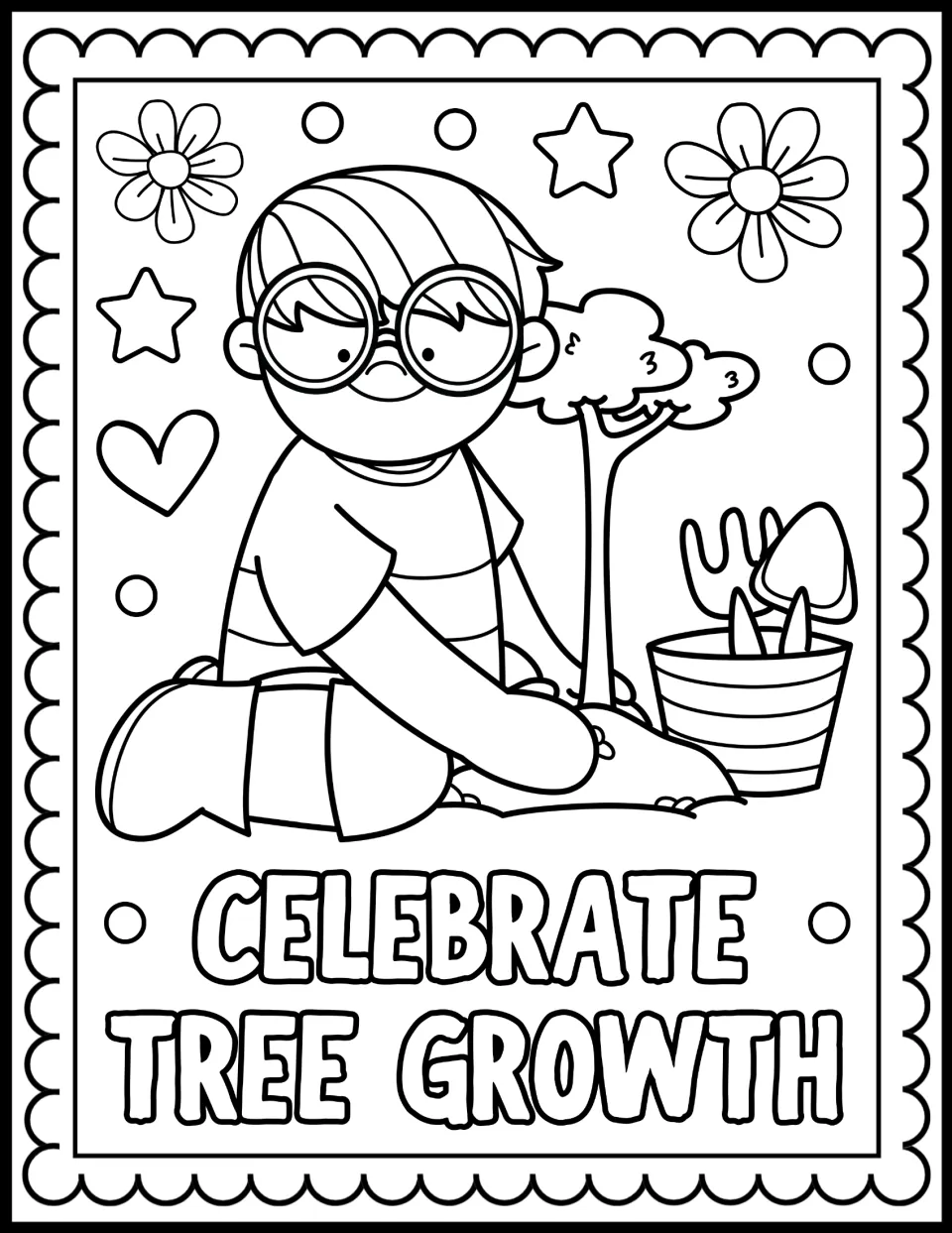 Celebrate Tree Growth coloring page: students color a boy in round glasses planting a sapling beside a pot of garden tools