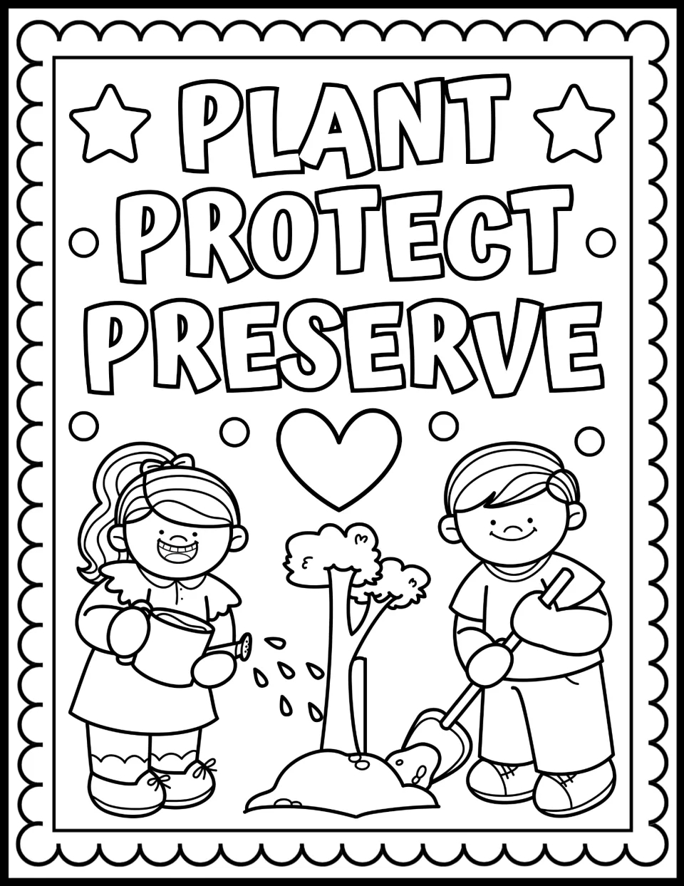 Plant Protect Preserve coloring page: students color a girl watering a young tree while a boy digs soil with a shovel