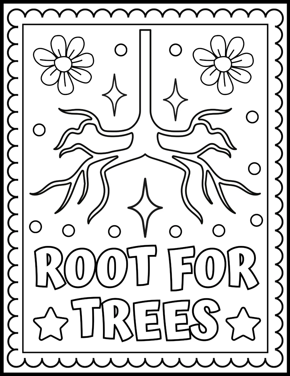 Root for Trees coloring page: students color a tree trunk and its spreading roots framed by daisies, stars and sparkles