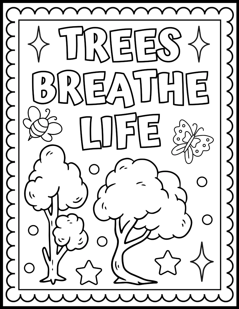 Trees Breathe Life coloring page: students color two leafy trees, a bee and a butterfly beneath the bubble-letter heading