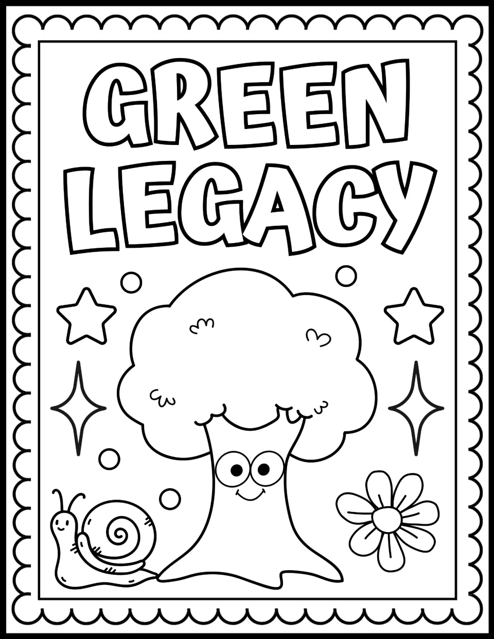 Green Legacy coloring page: students color a smiling cartoon tree with googly eyes next to a snail, a daisy and stars