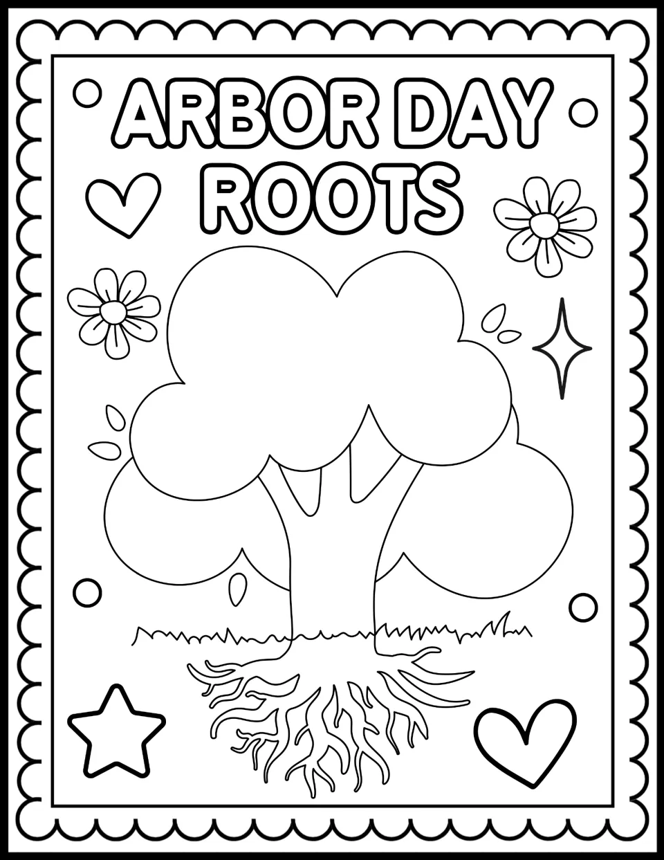 Arbor Day Roots coloring page: students color a large tree above a grass line with its roots showing underground