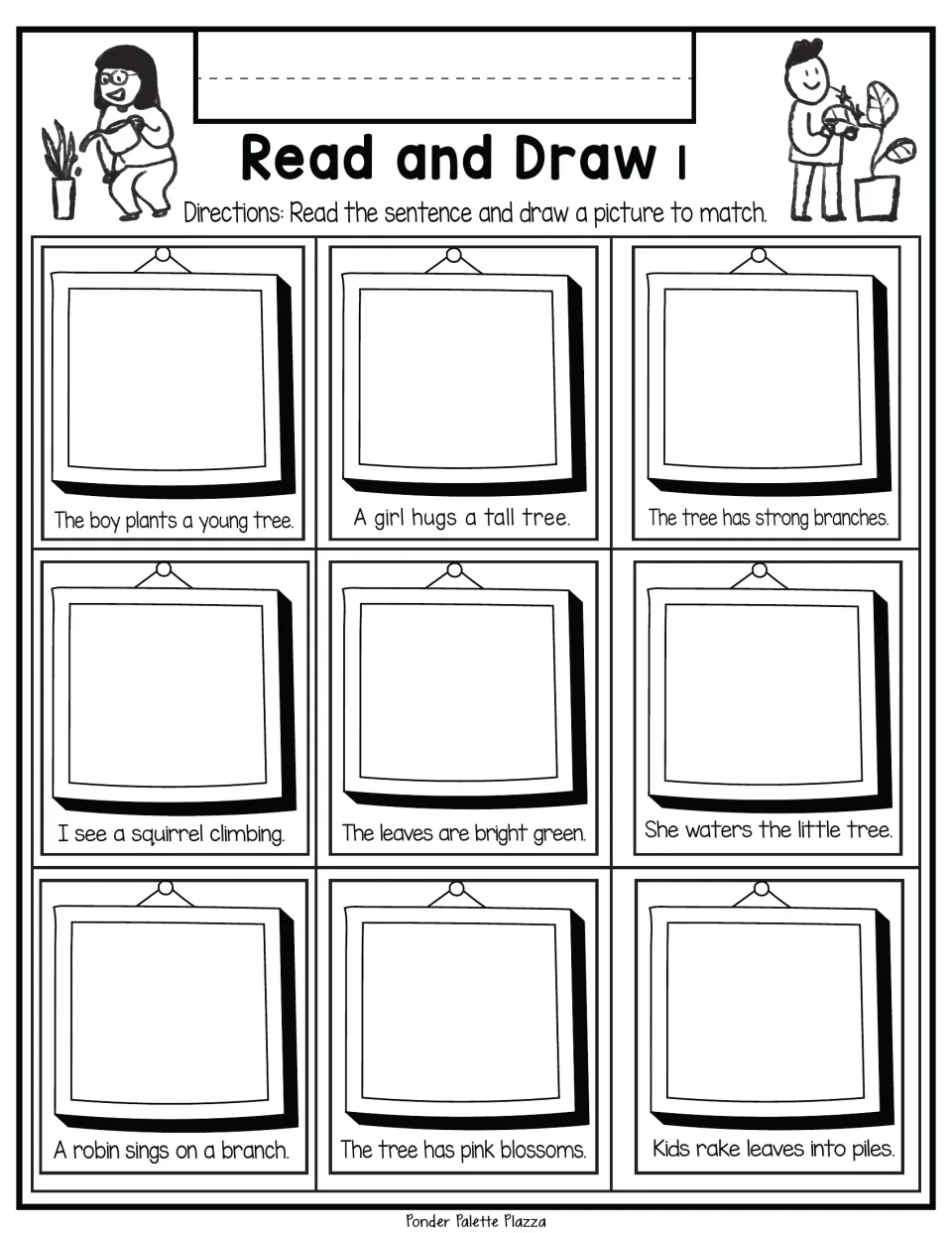 Read and Draw 1: students read 9 tree sentences, like a boy planting a young tree, and draw a picture to match each