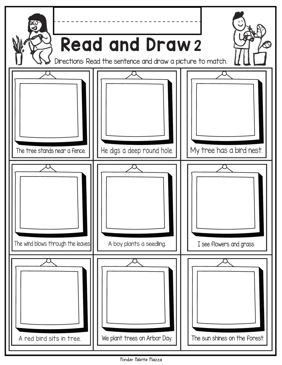 Read and Draw 2: students illustrate 9 sentences, from a boy digging a deep round hole to planting trees on Arbor Day
