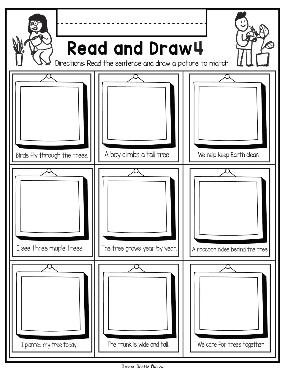 Read and Draw 4: students sketch 9 sentences, including a boy climbing a tree, three maple trees and a hiding raccoon