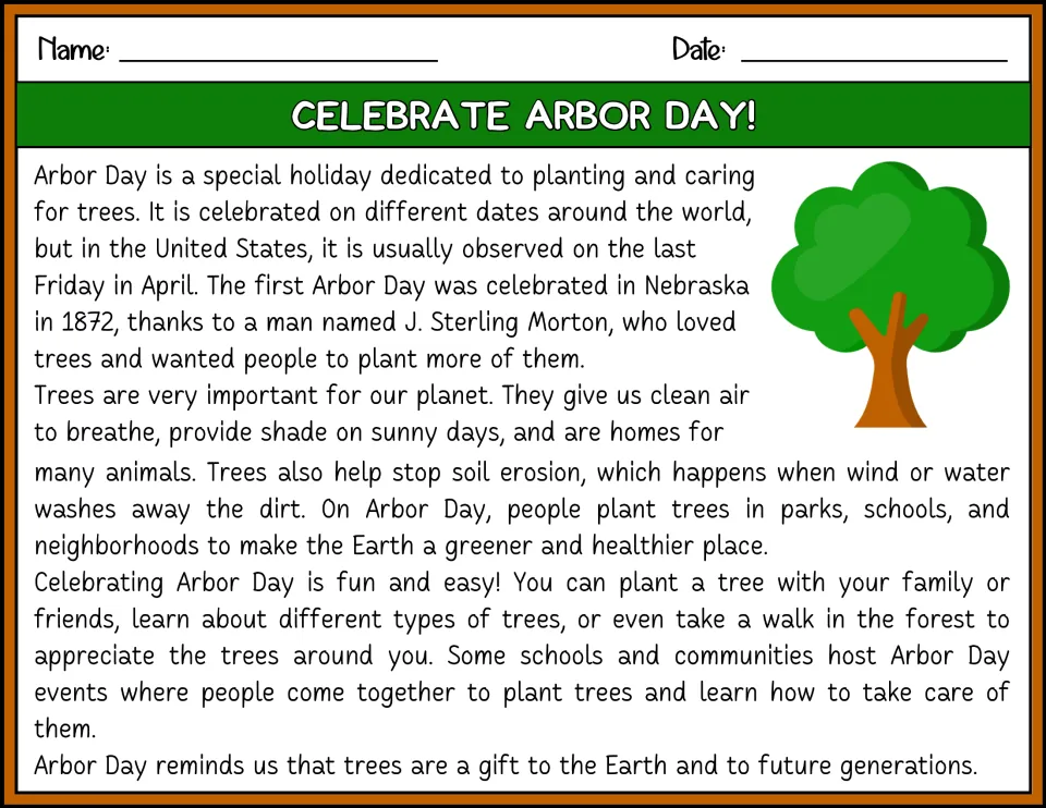Color Arbor Day reading passage about the holiday's origins, the importance of trees, and ways to celebrate