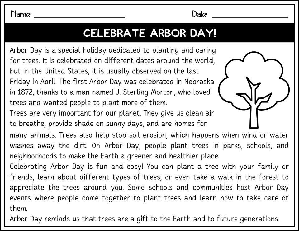Black-and-white Arbor Day reading passage about its origins, why trees matter, and ways to celebrate