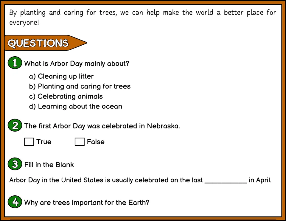 Color Arbor Day questions 1–4 ask about the holiday's purpose, its Nebraska origins, its date, and tree benefits