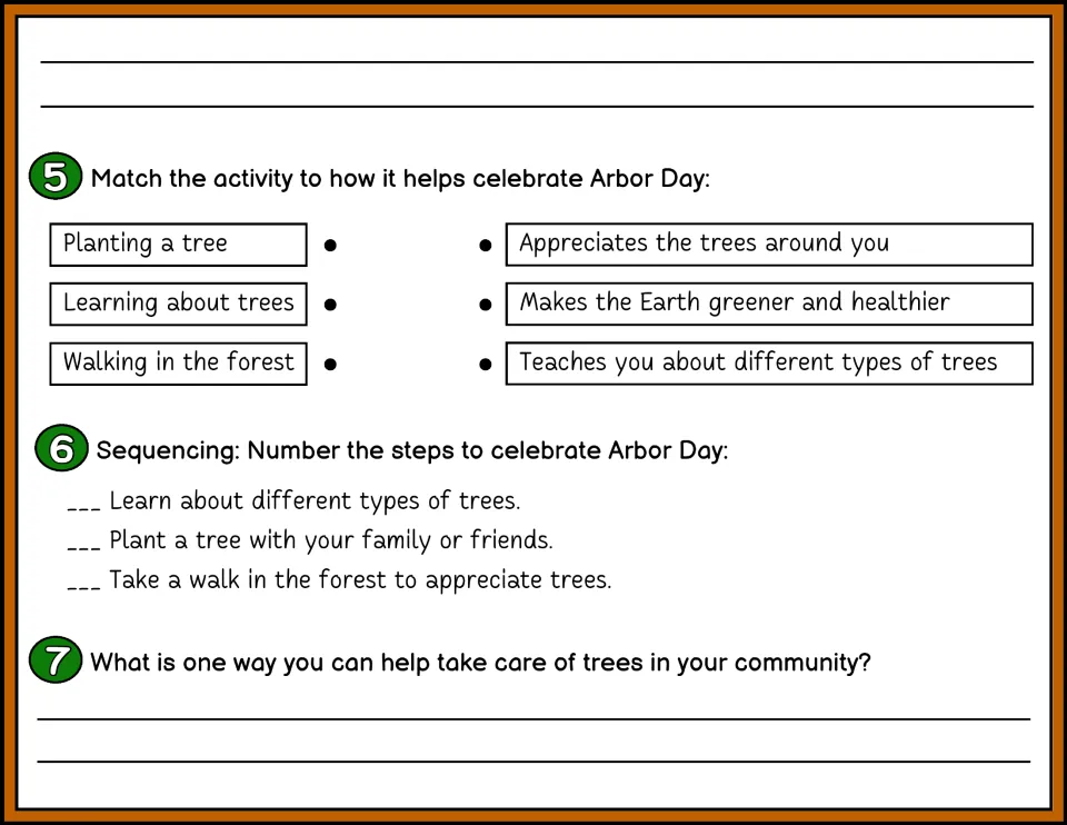 Color Arbor Day questions 5–7 include activity matching, sequencing celebration steps, and a tree-care response