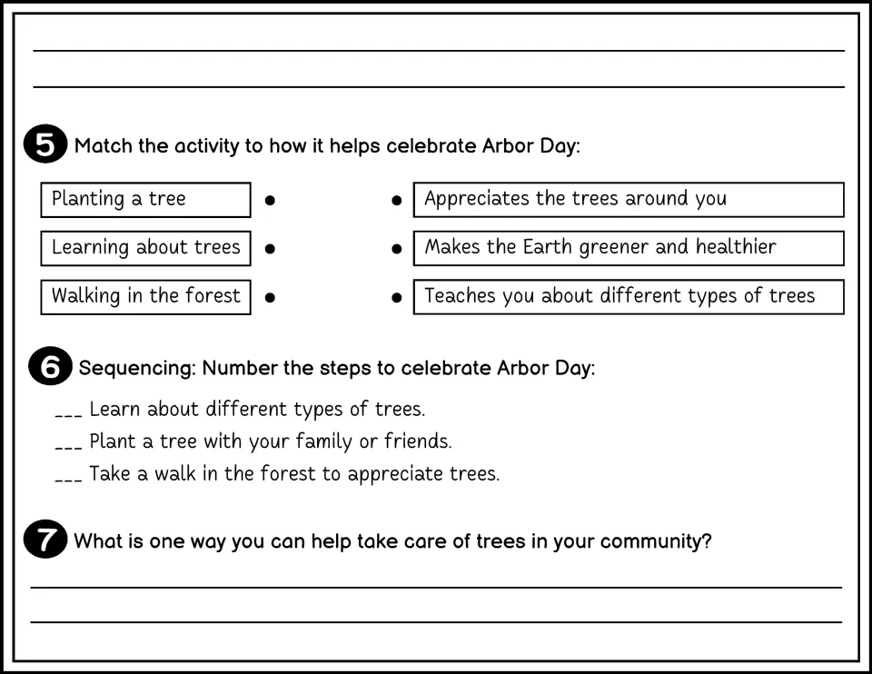 Black-and-white Arbor Day questions 5–7 ask students to match activities, sequence steps, and describe tree care