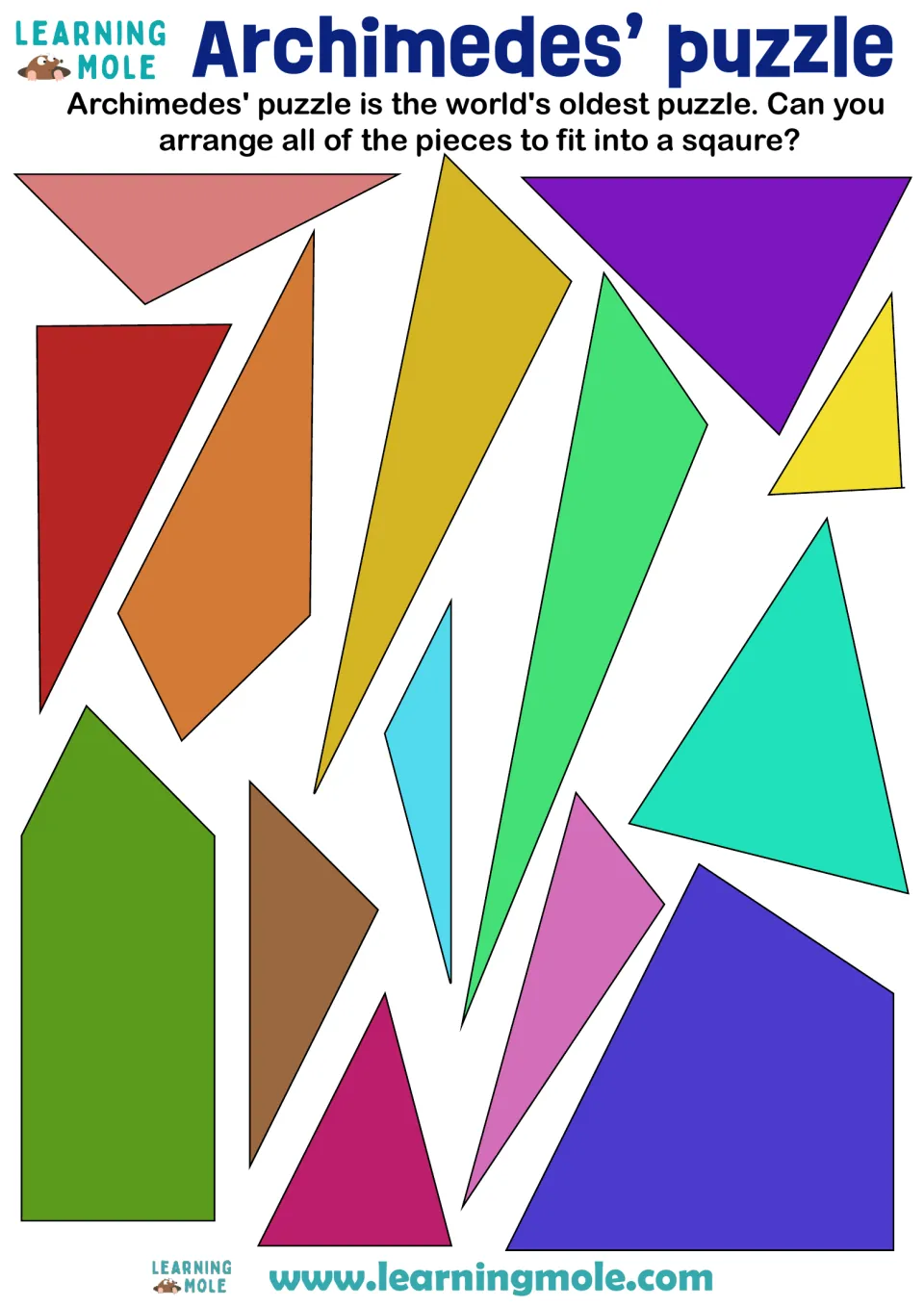 Archimedes' puzzle: students arrange 14 colored triangle and polygon pieces so they fit together into one square