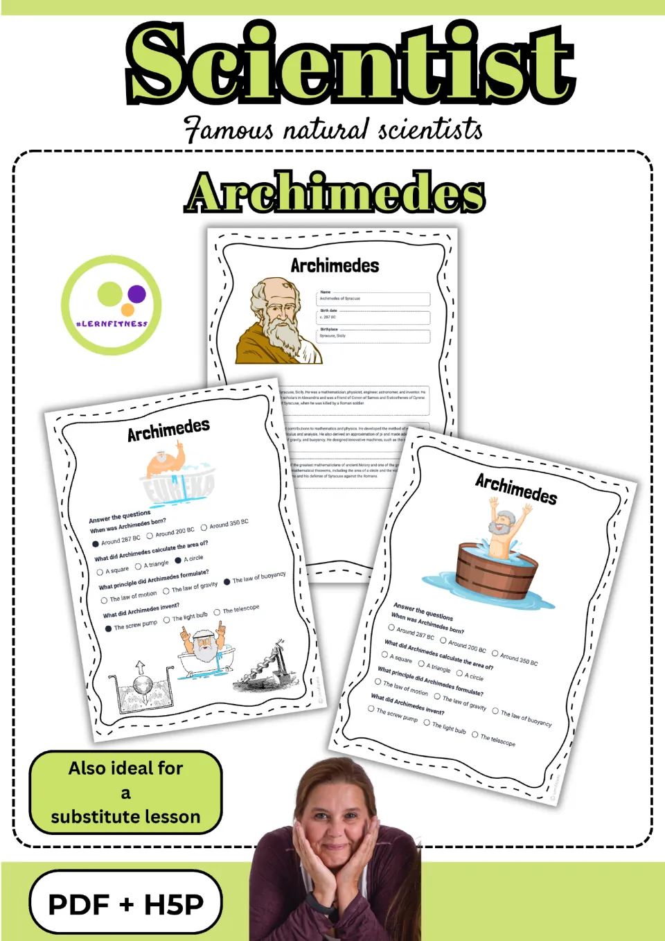 Archimedes resource cover showing reading, profile, and quiz samples, labeled PDF + H5P for substitute lessons