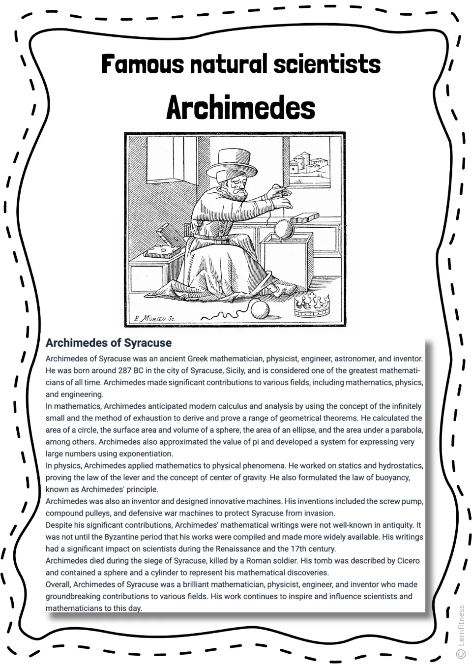 Archimedes informational text, version 1, covering his life in Syracuse and work in math, physics, and engineering
