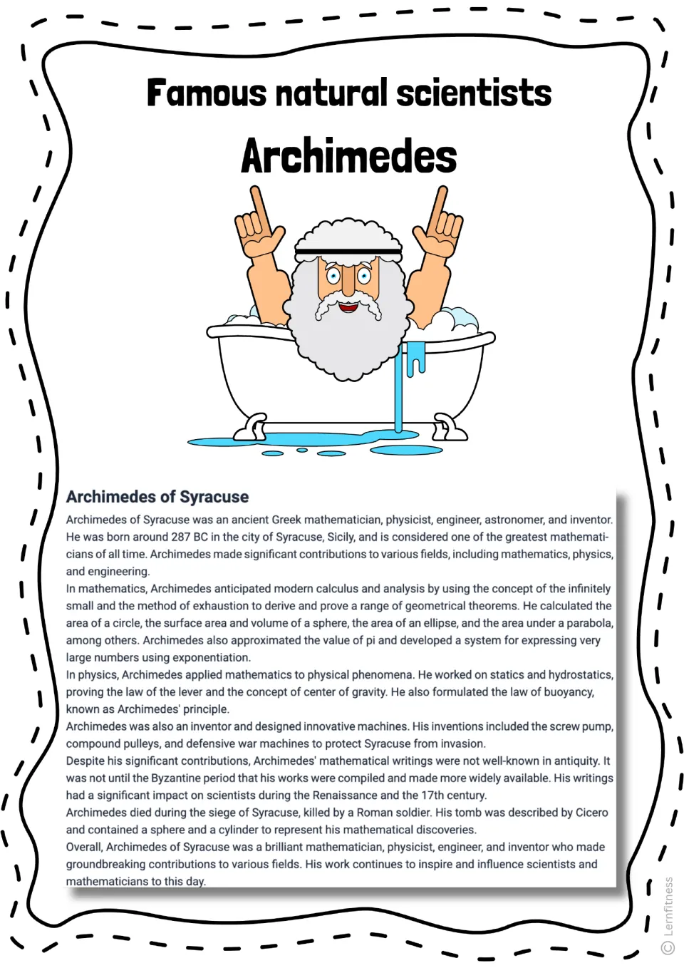 Archimedes informational text, version 2, describing circle area, sphere volume, pi, levers, and buoyancy
