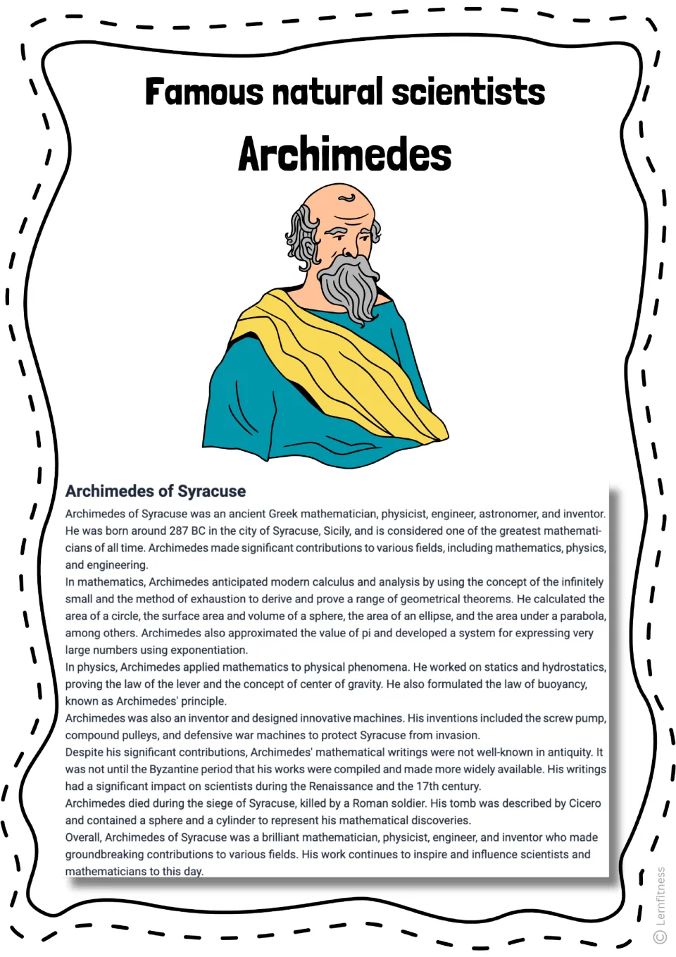 Archimedes informational text, version 3, covering his inventions, including screw pumps and compound pulleys