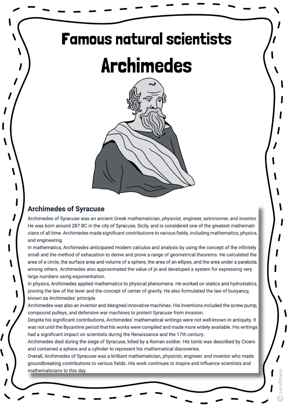 Archimedes informational text, version 4, tracing his mathematical discoveries and influence on later scientists