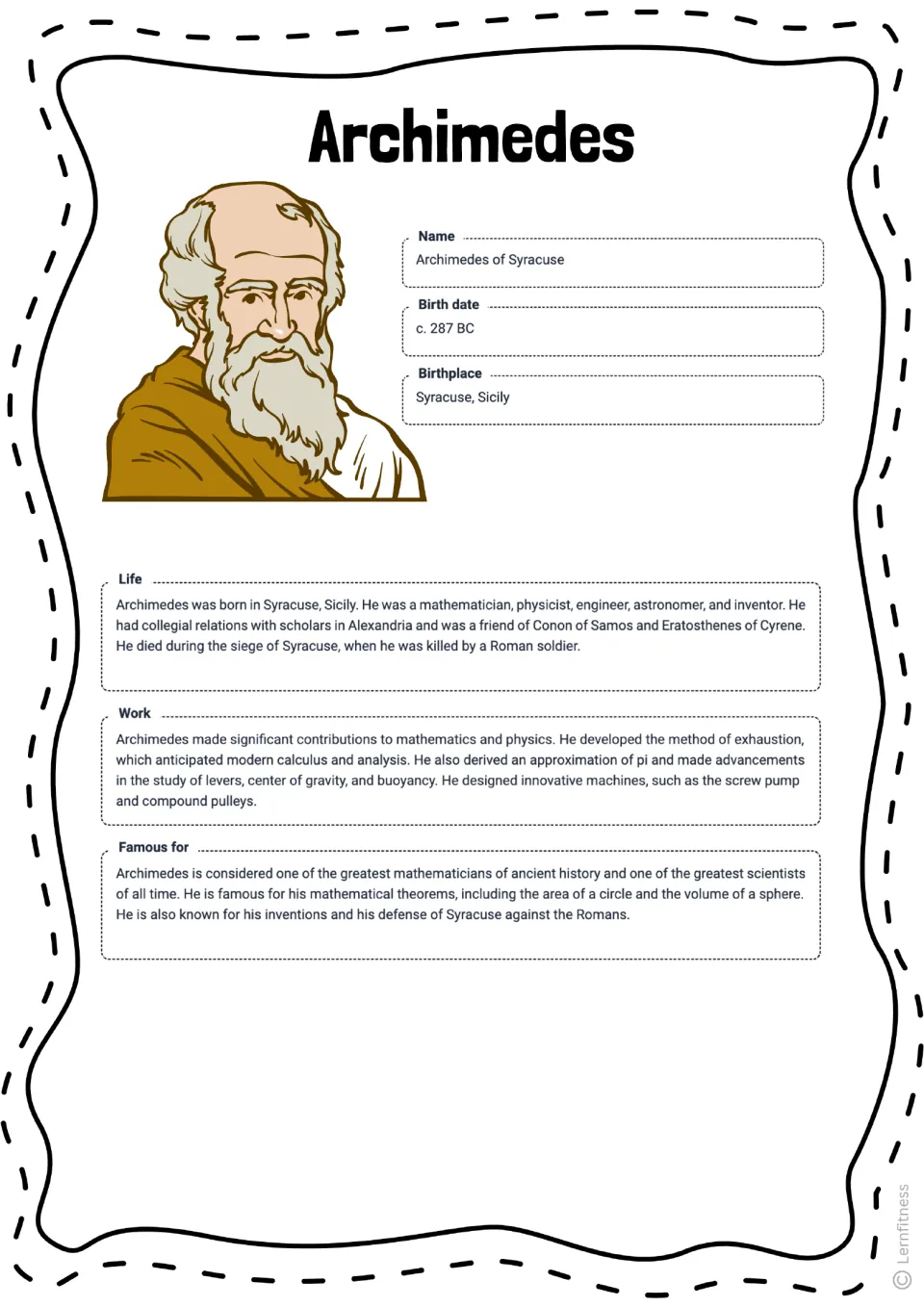 Archimedes profile filled in: name, birth date c. 287 BC, birthplace Syracuse, plus Life, Work and Famous for summaries
