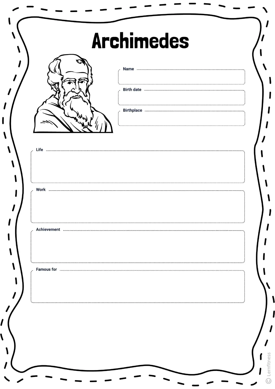 Archimedes student profile to complete with his name, birth date, birthplace, life, work, and achievements