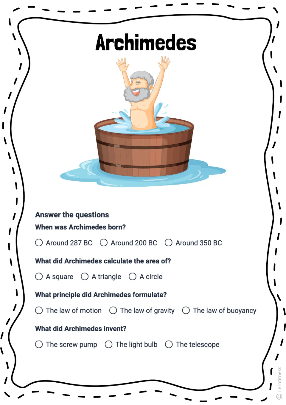 Archimedes quiz, version 1, with four multiple-choice questions on his birth, circle area, buoyancy, and invention