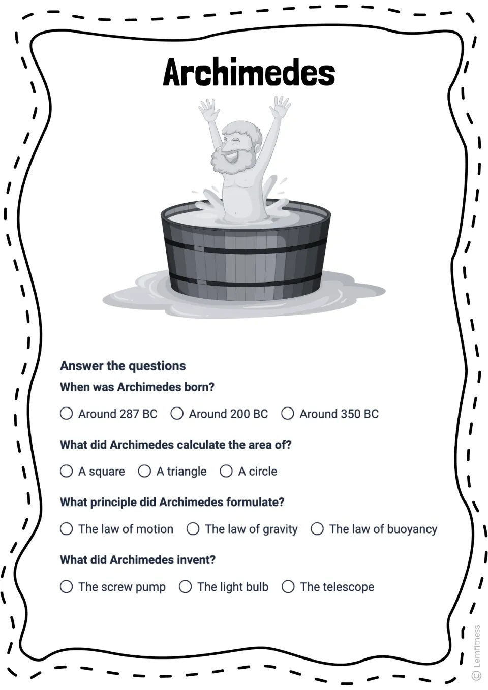 Archimedes quiz, version 2, repeating four questions about his birth date, geometry, buoyancy, and inventions