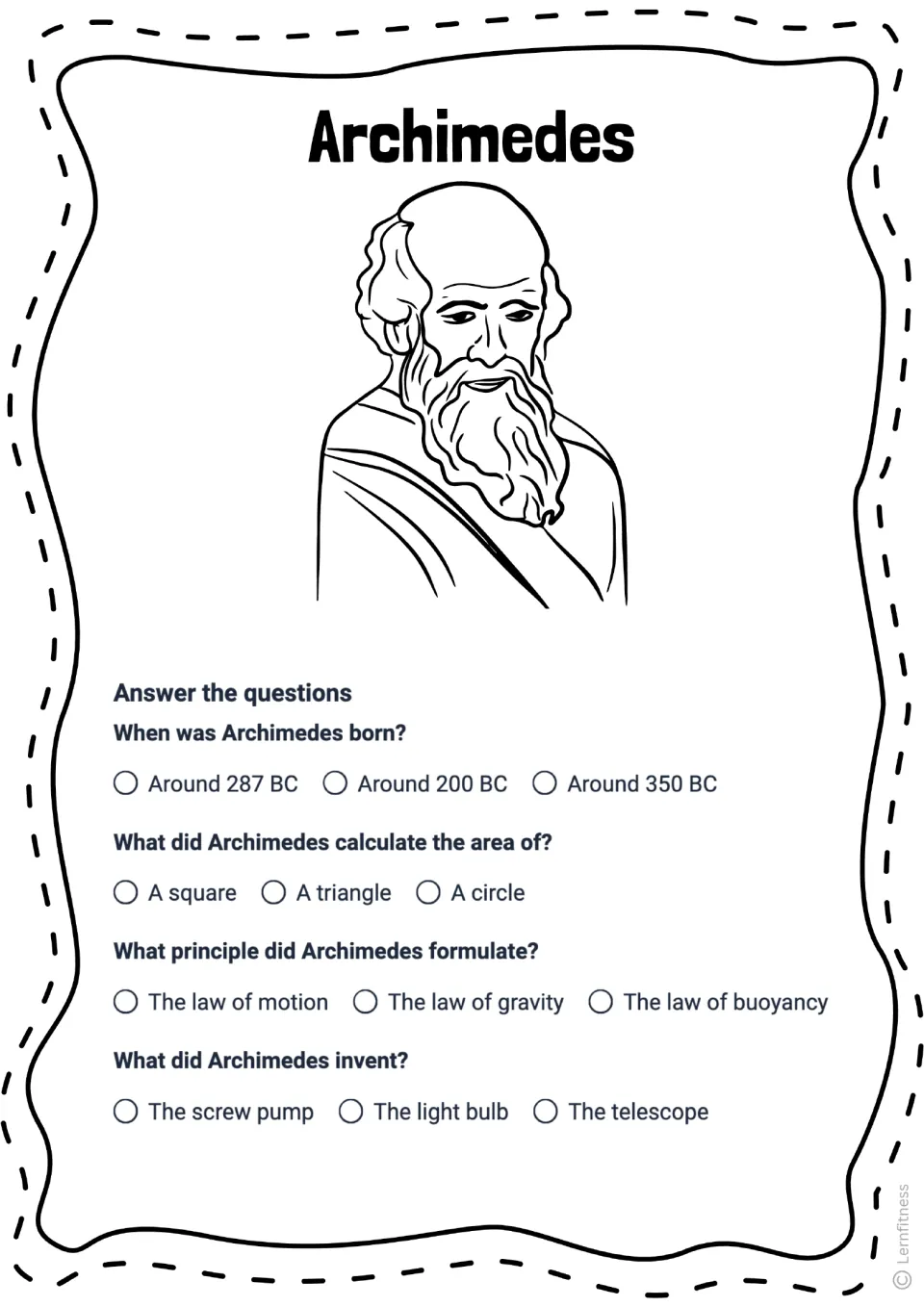 Archimedes quiz, version 3, asking when he was born, what area he calculated, and his principle and invention