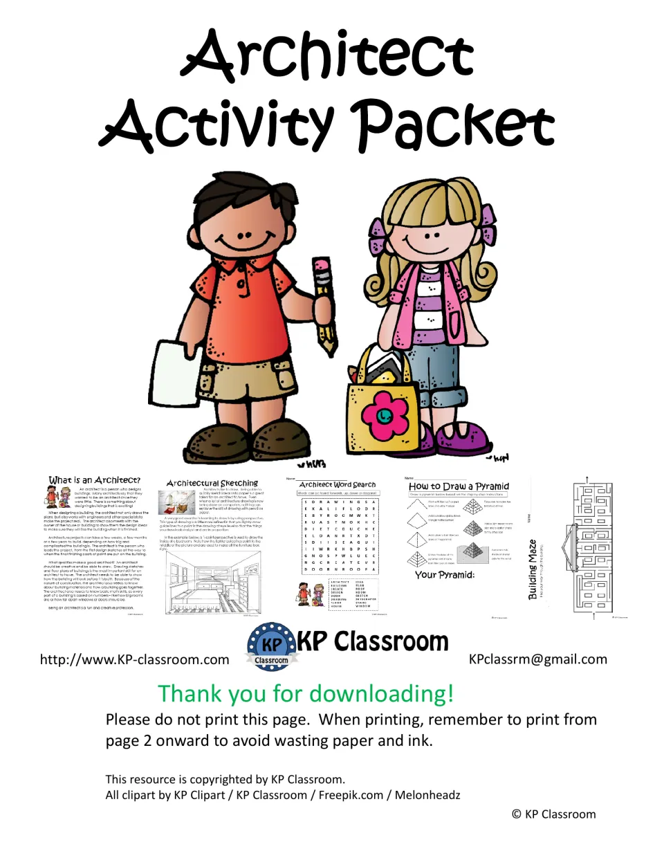 Architect Activity Packet cover with activity previews and instructions to begin printing on page 2