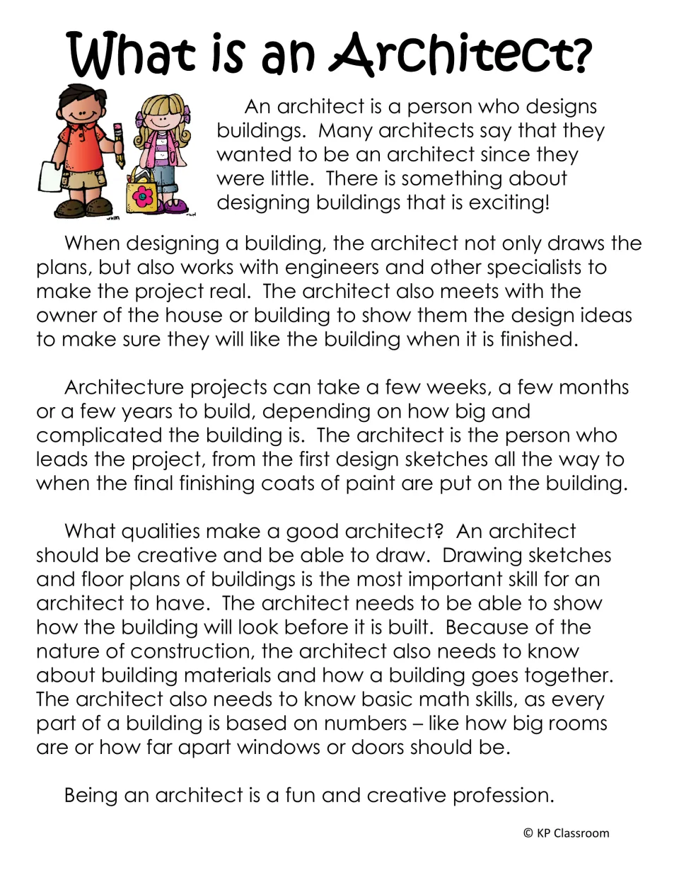 Reading passage defining an architect and explaining building design, teamwork, drawing, and math skills
