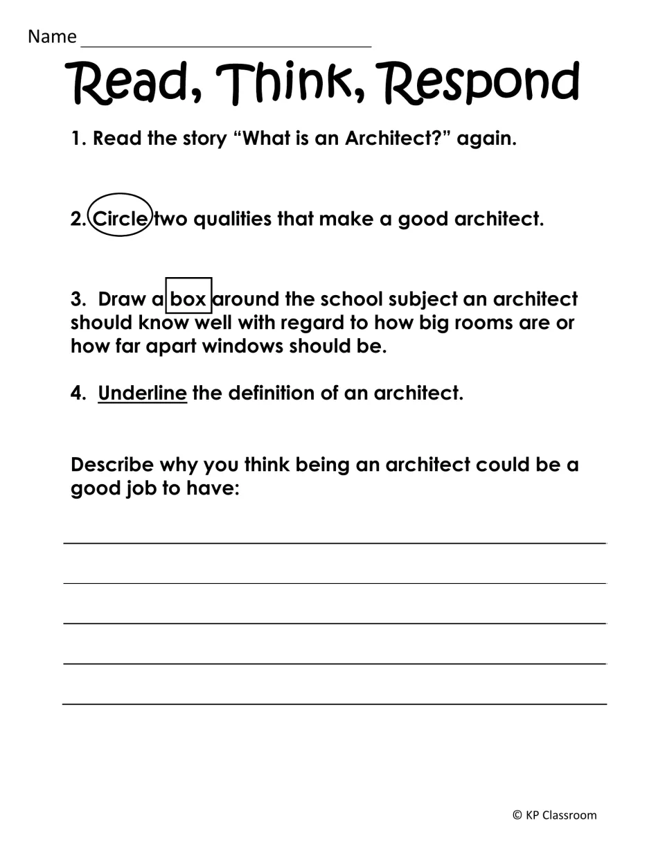 Reading response asks students to mark architect qualities, math skills, and a definition in the passage