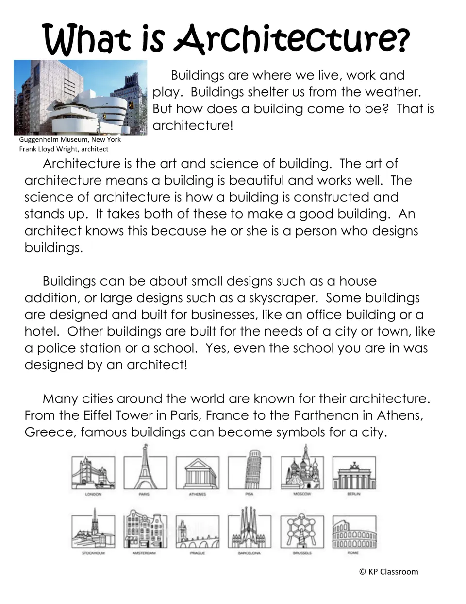 Architecture reading explains the art and science of buildings, their purposes, and famous city landmarks