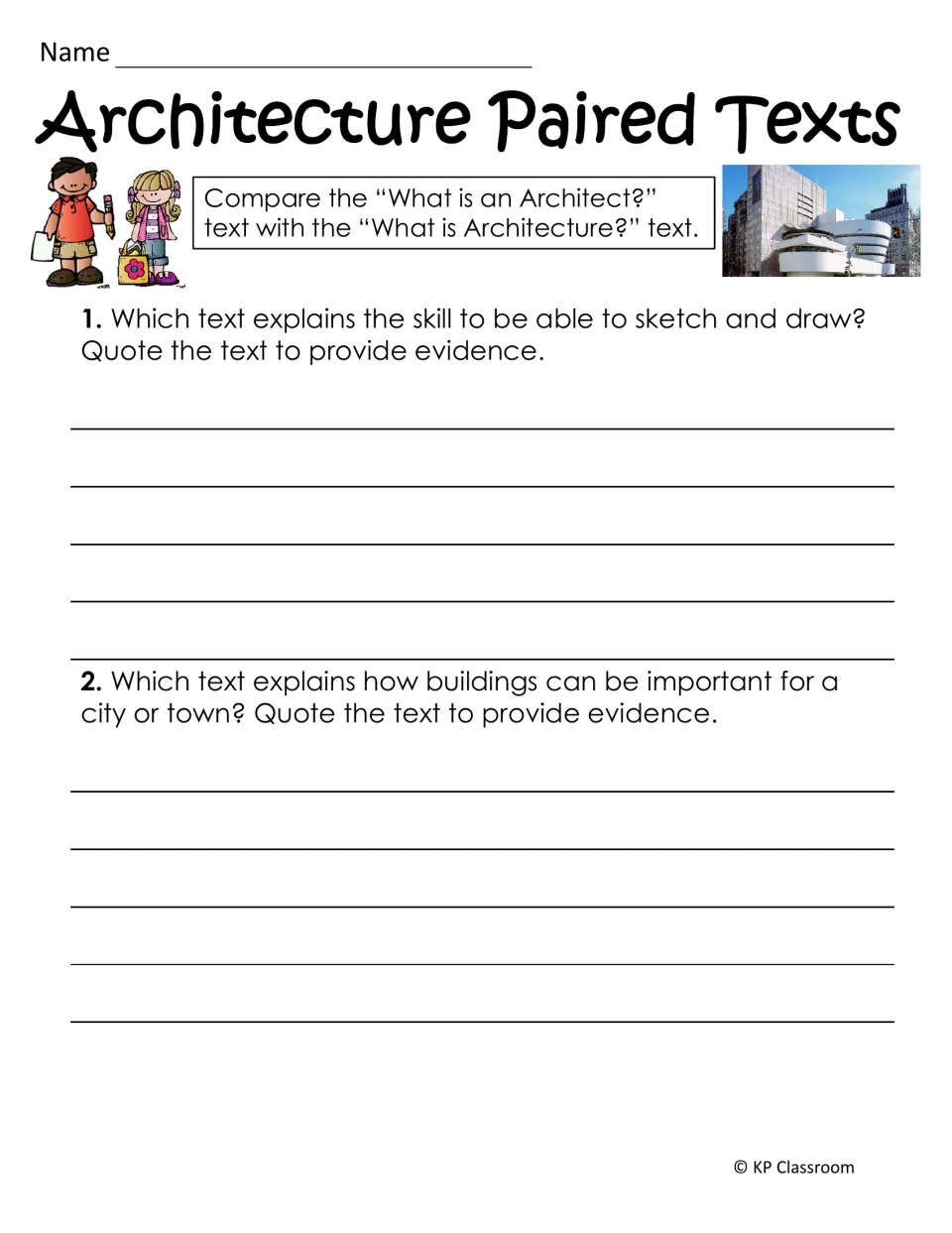 Paired-text questions ask which reading discusses drawing skills and city buildings, with quoted evidence