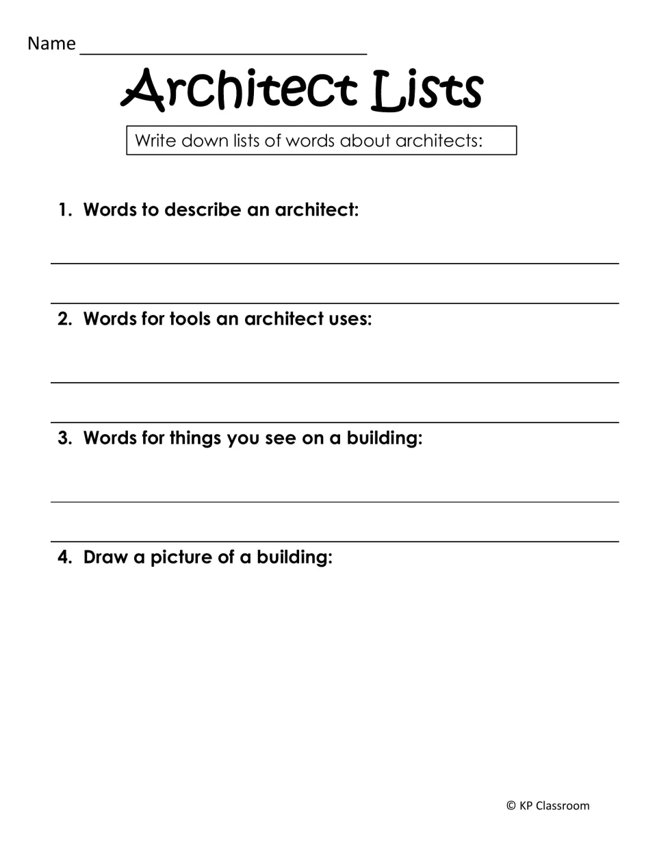 Architect vocabulary activity asks for describing words, tools, building features, and a building drawing
